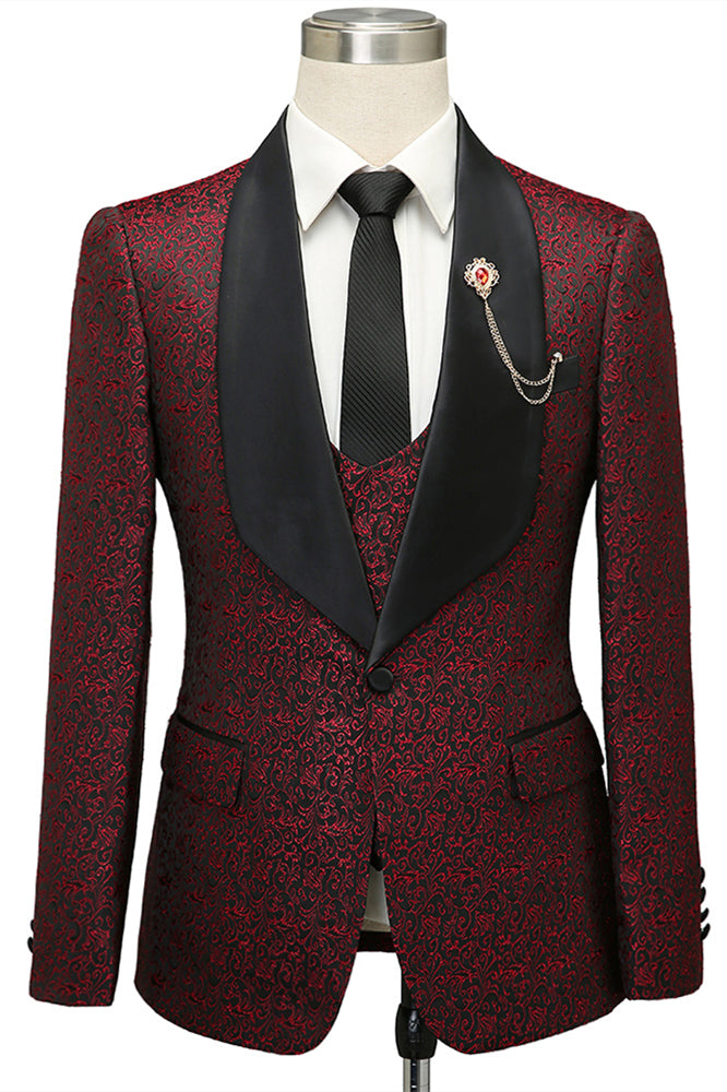 Unique Burgundy One Button Shawl Lapel Jacquard Wedding Tuxedo