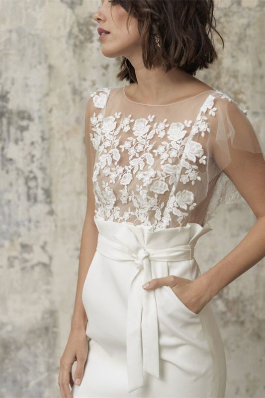 Short Wedding Dress With Pocket & Applique Bateau Belt