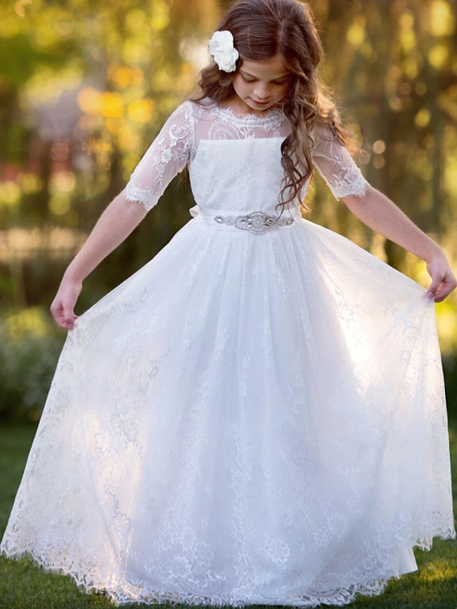 Long Sleeve Jewel A-Line Floor Length Flower Girl Dress