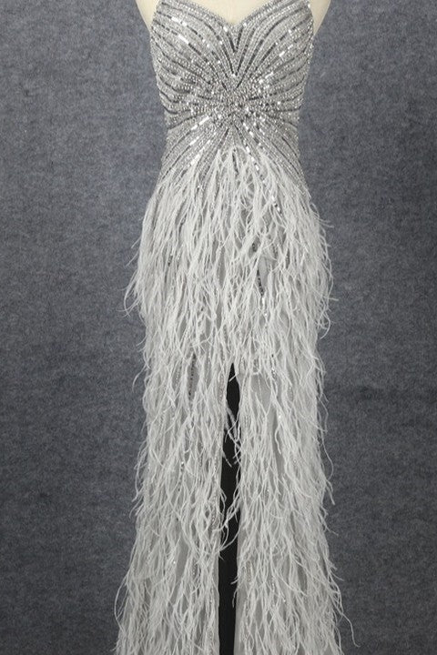 Luxury Sliver Mermaid Spaghetti Strap Prom Dress with Split Sleeveless and Feathers Beading