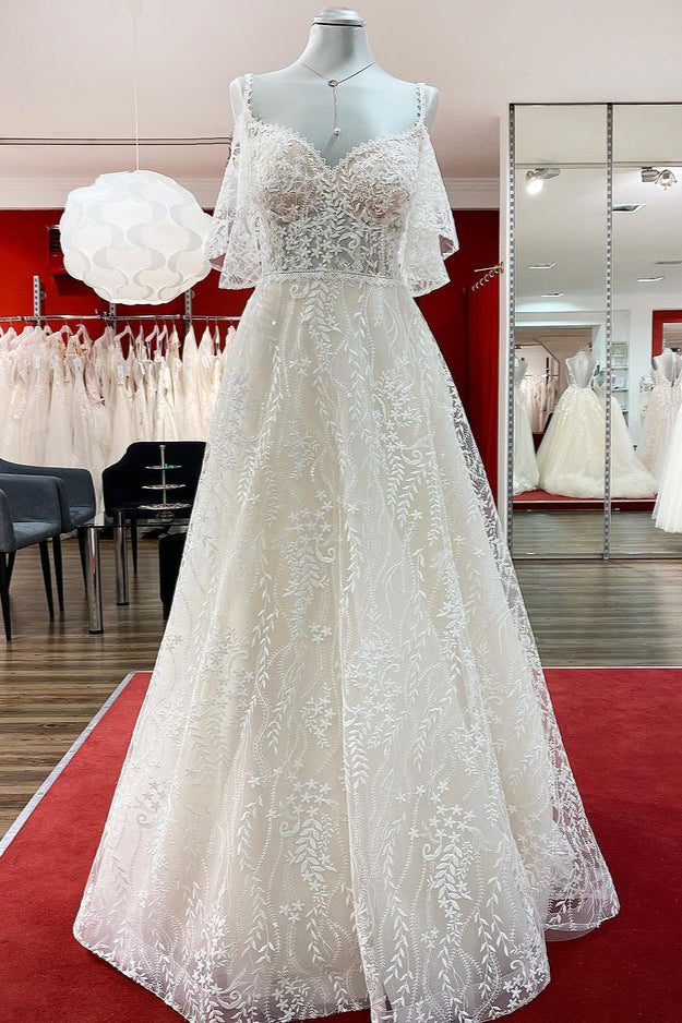 Modest Long Sleeves Sweetheart Wedding Dress With Tulle Lace Appliques