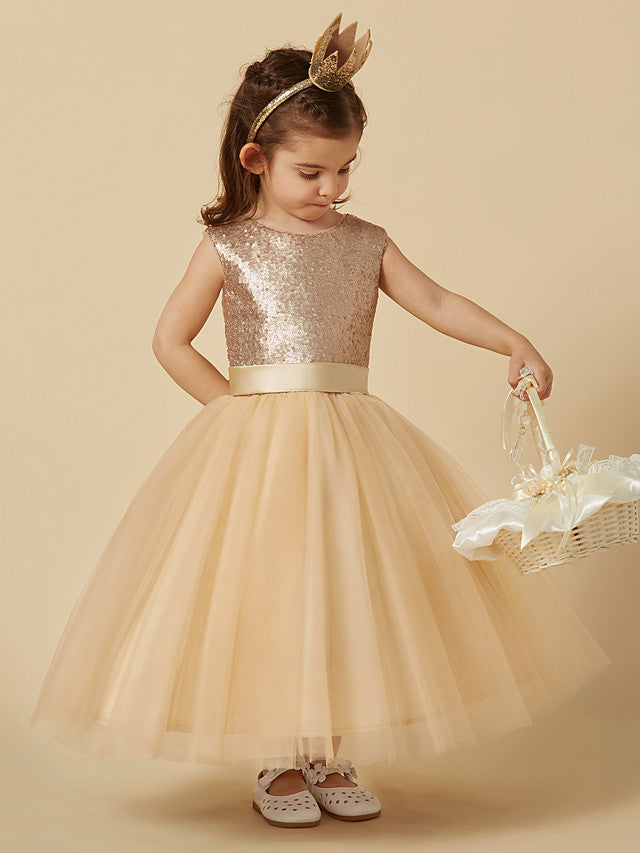 Beautiful Tulle Sleeveless Jewel Neck Flower Girl Dress with Sequins