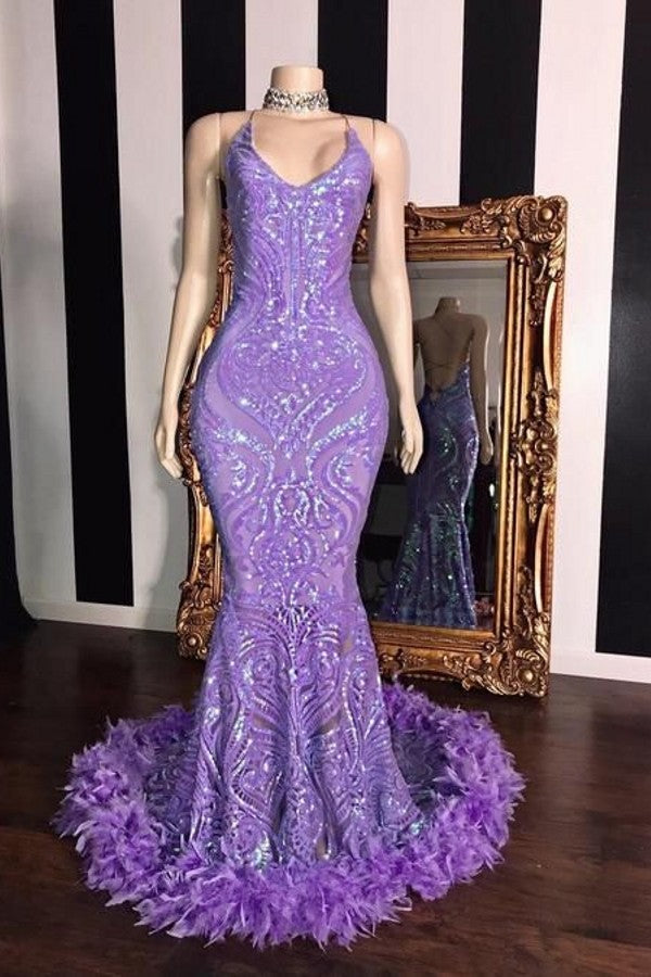 Gorgeous Mermaid Sleeveless Sequins Lace Prom Dress with Feathers