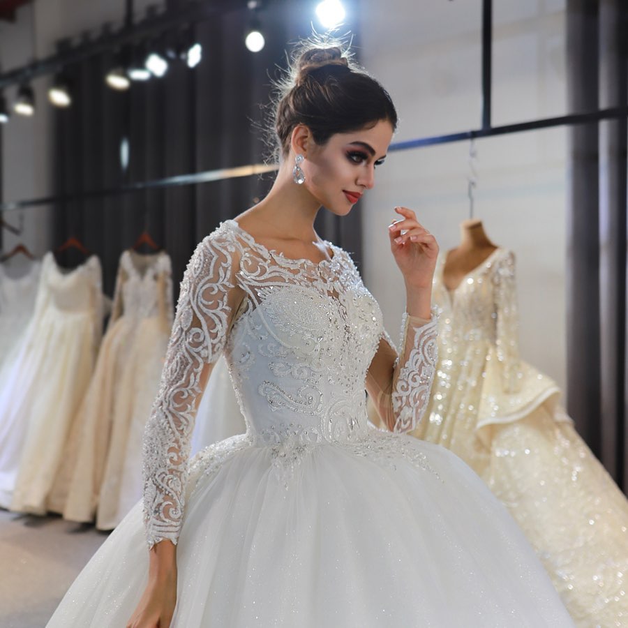 Gorgeous A-Line Bateau Long Sleeves Wedding Dress with Appliques Lace Sequins