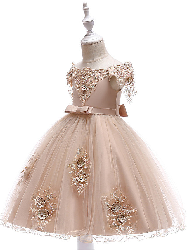 Elegant Short Sleeve Off Shoulder Above Knee Flower Girl Dress with Satin Tulle Lace Beadings and Appliques