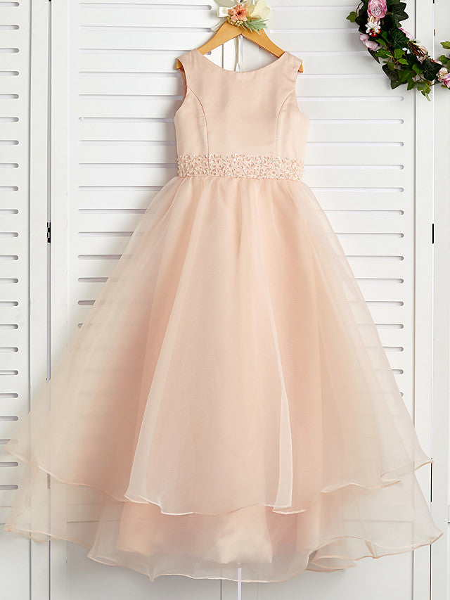 A-Line Jewel Neck Organza Satin Flower Girl Dress With Beading Tier