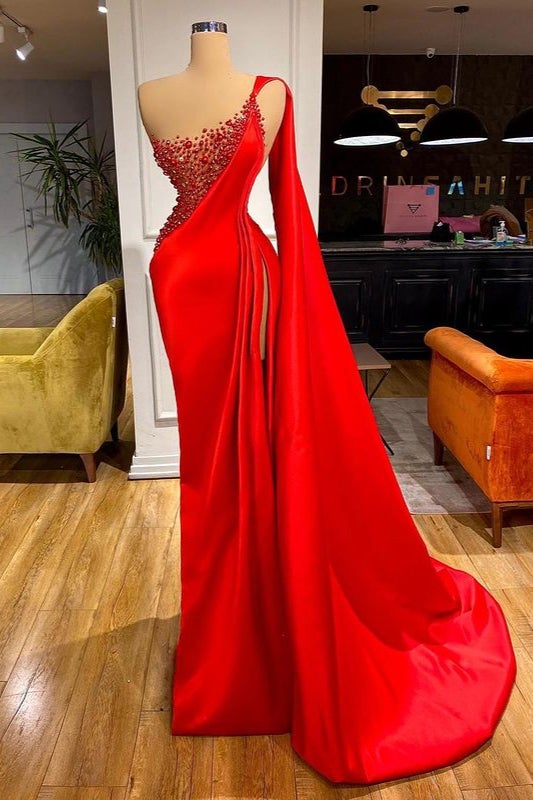 Mermaid Red Ruffles Prom Dress with Beading