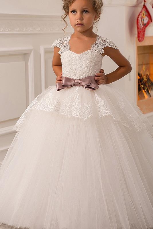 White Square Neck Lace Flower Girls Dress with Cap Sleeves Ball Gown