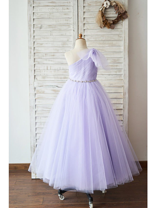 Sleeveless One Shoulder Ball Gown Flower Girl Dress With Belt Bow & Tulle