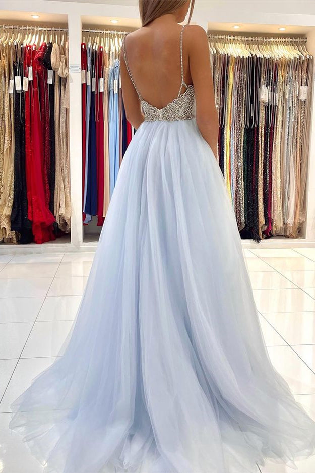 Sky Blue Tulle Prom Dress With Beads and Spaghetti-Straps