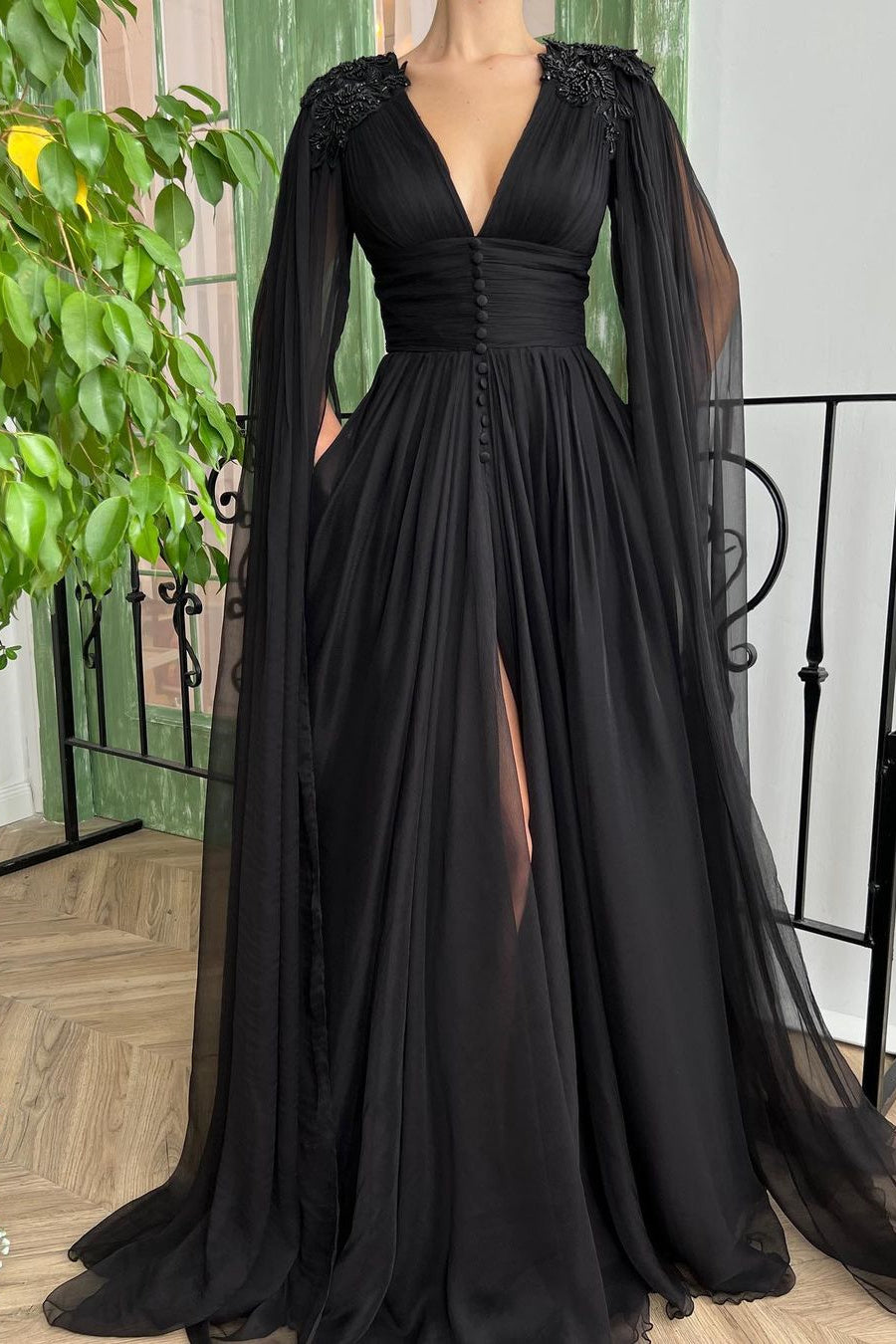 Elegant Black Tulle Evening Dress with Deep V Neck, Front Slit, and Ruffle Sleeves