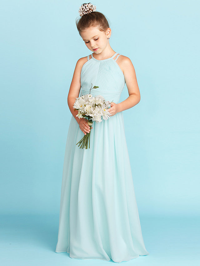 Princess A-Line Jewel Neck Floor Length Chiffon Flower Girl Dress with Ruched Side-Draped Wedding Party Open Back