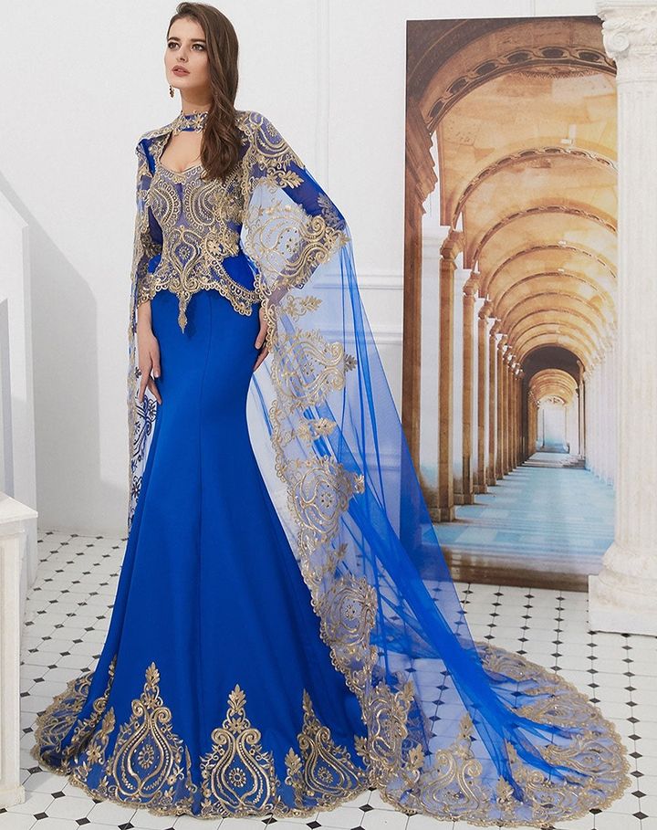 Stunning Long Sleeves Mermaid Prom Dress with Gold Appliques Cape