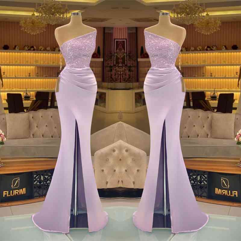 Light Purple Sequined Slit Mermaid Prom Dress