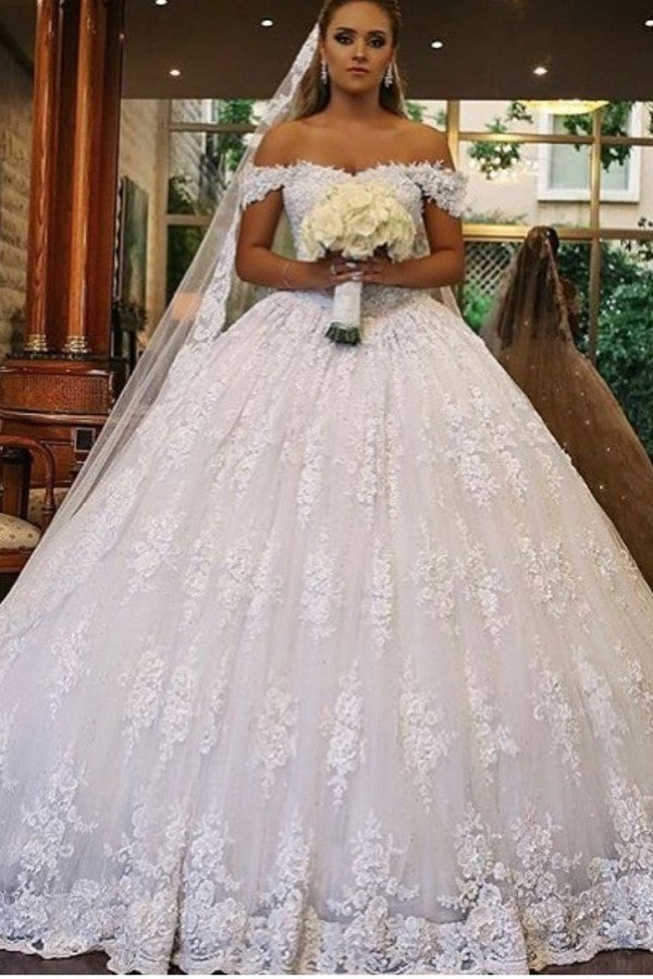 Luxury Off-the-shoulder Lace Wedding Dress With Train - Long Ball Gown