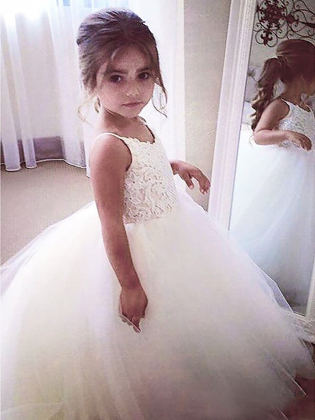 A-Line Floor Length Flower Girl Dress with Satin Tulle Sleeveless and Jewel Appliques