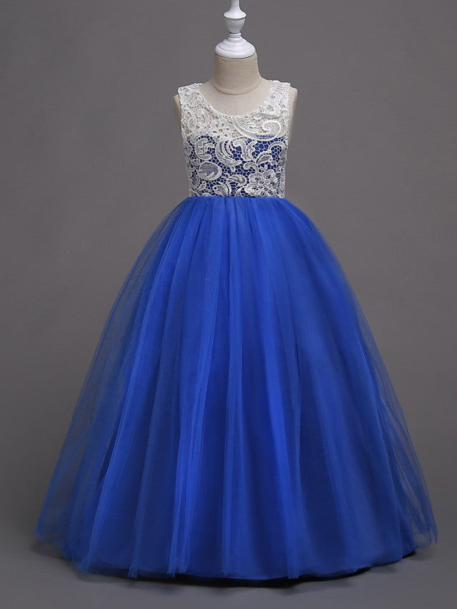 Elegant Lace Satin Tulle Long Length Sleeveless Jewel Neck Flower Girl Dress