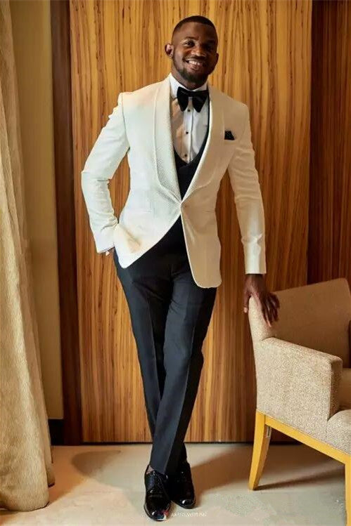 White Lapel Shawl Wedding Suit for Men - Slim Fit Style