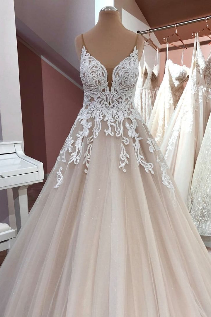 Fascinating A-Line Sequins Lace Wedding Dress With Tulle Appliques and Spaghetti-Straps