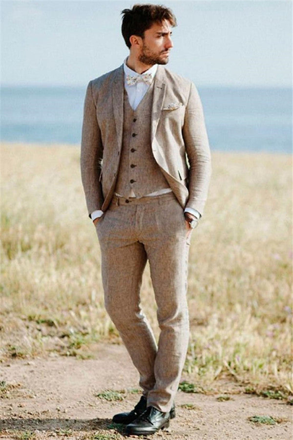 2020 Groom Wedding Tuxedos with 3 Pieces | Khaki Linen Summer Beach Mens Classic Suits