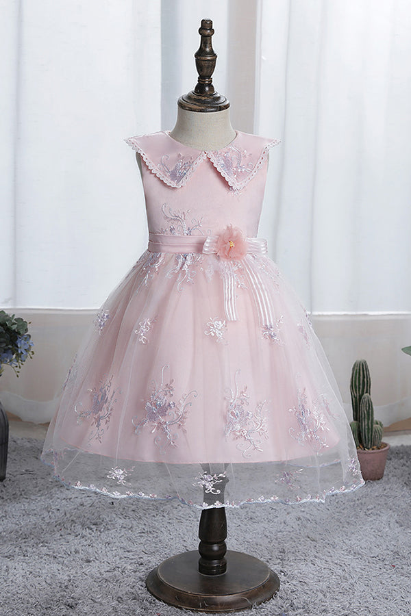 Dazzling Blue Appliques Tulle Knee Length Flower Girl Dress