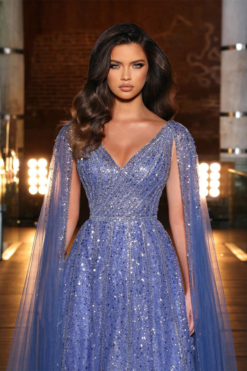 A Line Tulle Prom Dress with Purple V Neck Cap Sleeves and Appliques