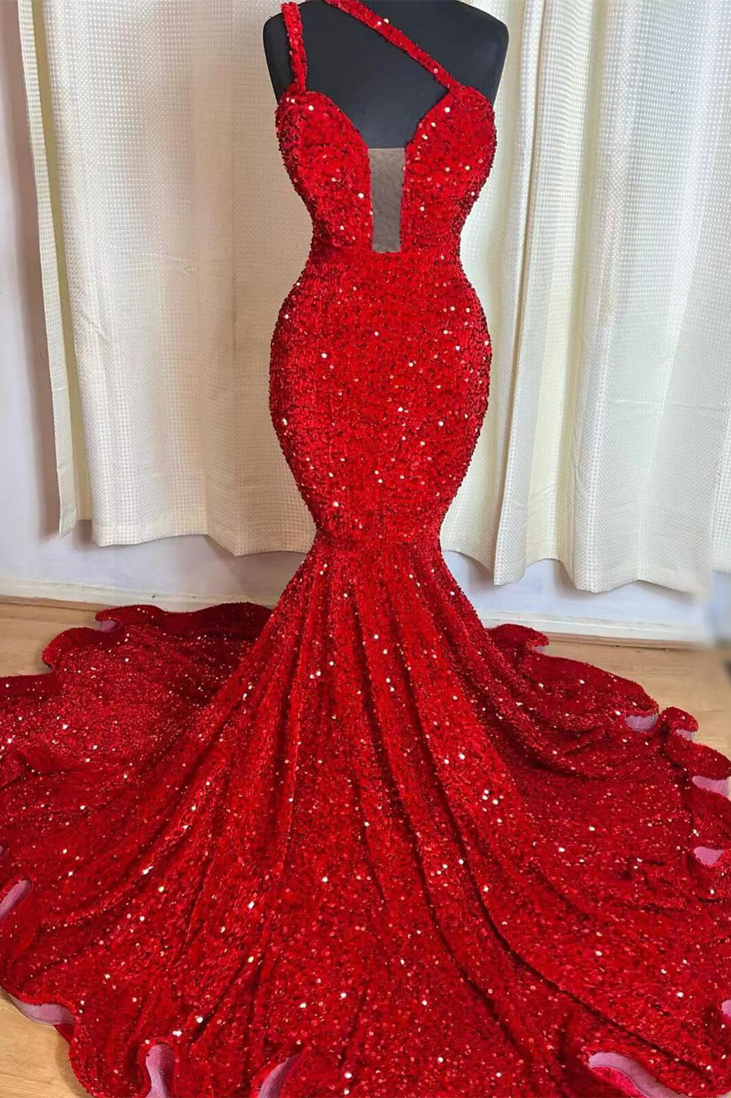 Elegant Red Mermaid Prom Dress with Sweetheart Sequins