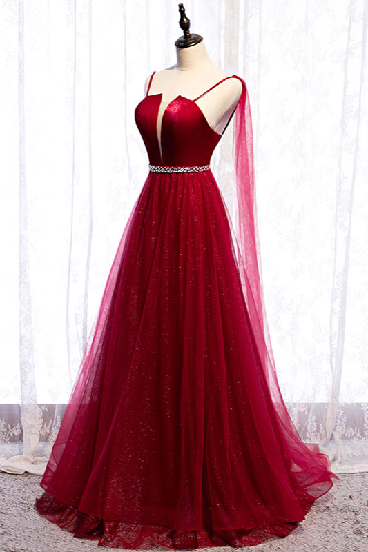 Burgundy Sleeveless Prom Dress with Tulle Ruffles & Beadings