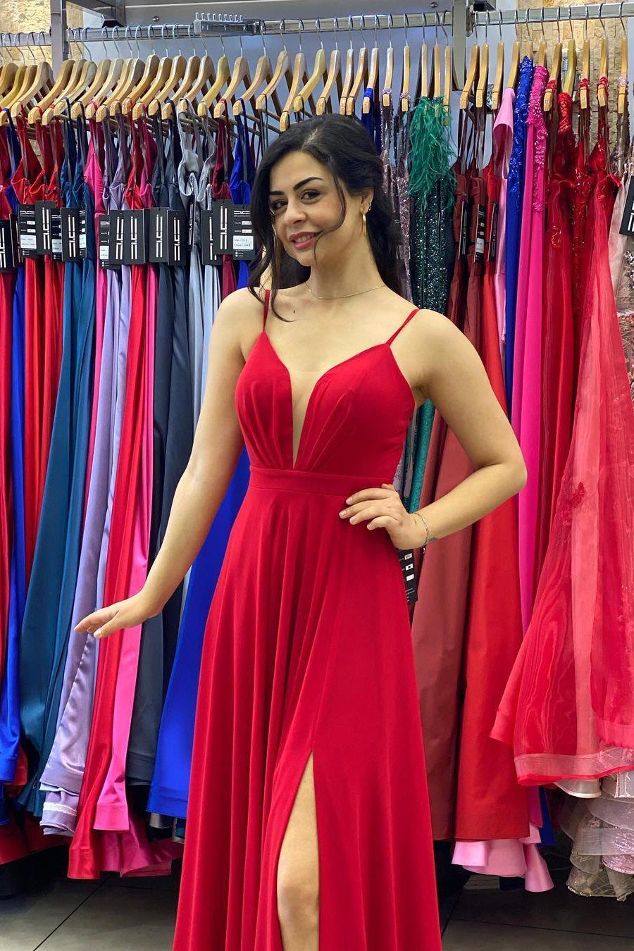 Long Red Prom Dress with Slit and Spaghetti-Straps