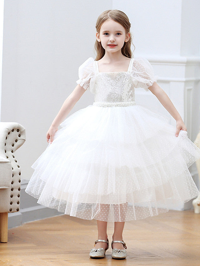 Short Sleeve Square Neck Ball Gown With Cascading Ruffles - Flower Girl Dress Tulle