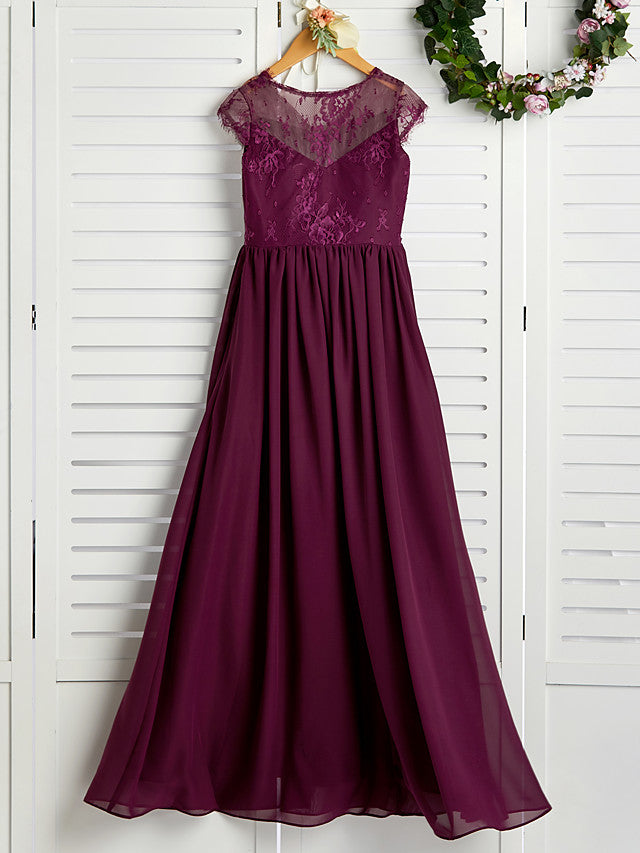 A-Line V Neck Maxi Chiffon/Lace Junior Bridesmaid Dress With Appliques