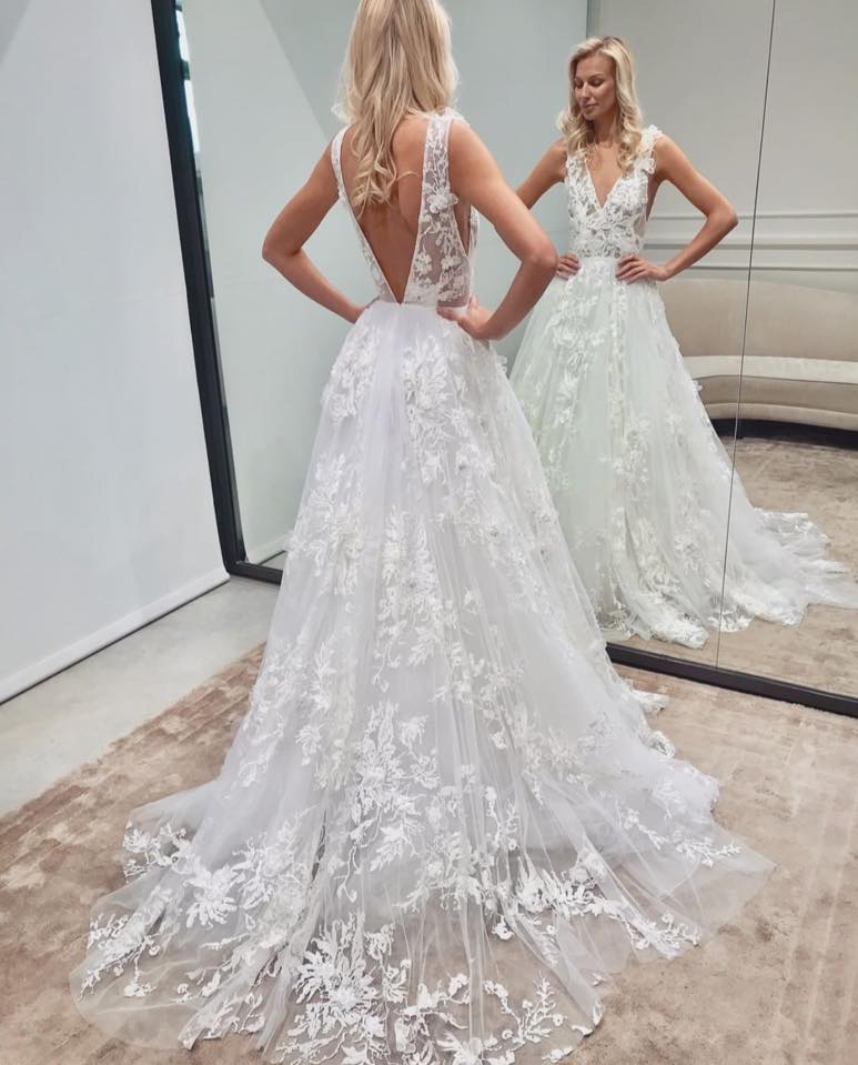 Elegant Long A-line V-neck Tulle Lace Backless Wedding Dress