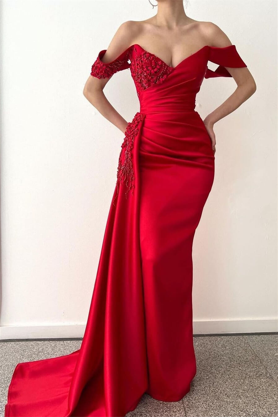 V-Neck Off-The-Shoulder Red Mermaid Prom Dress With Ruffles and Beadings