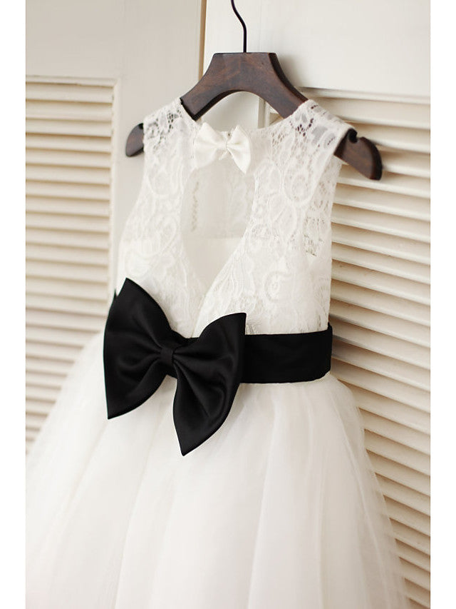 Jewel Sleeveless A-Line Tea Length Flower Girl Dress with Tulle and Lace Satin Belt