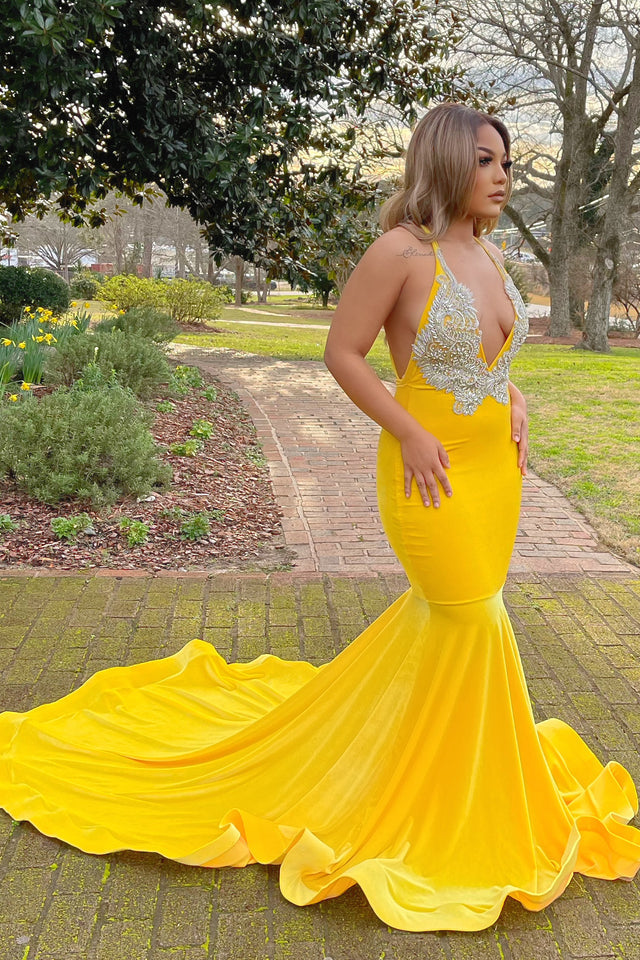 Halter V-Neck Mermaid Prom Dress with Yellow Applique