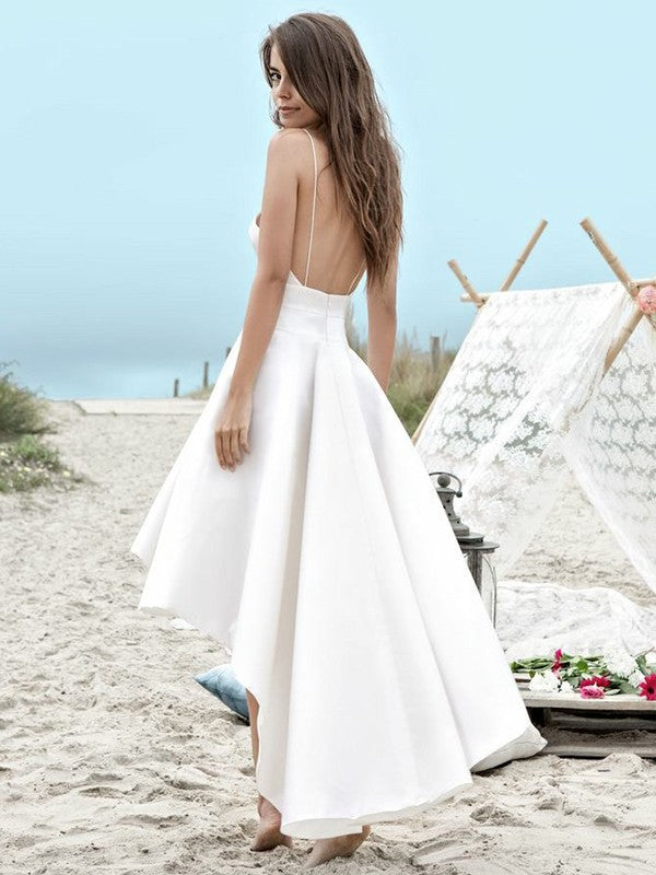 Simple V-neck Hi-Lo Wedding Dress with Pockets