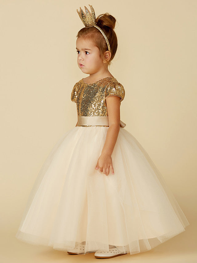 Princess Short Sleeve Jewel Neck Flower Girl Dress with Tulle Sequined Sash & Ribbon Sequin