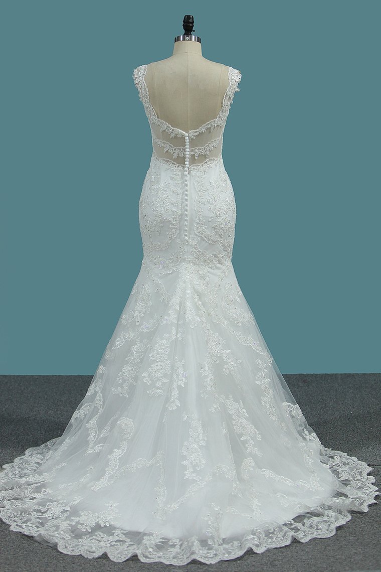 Wide Straps V-neck Mermaid Wedding Dress With Appliques Lace