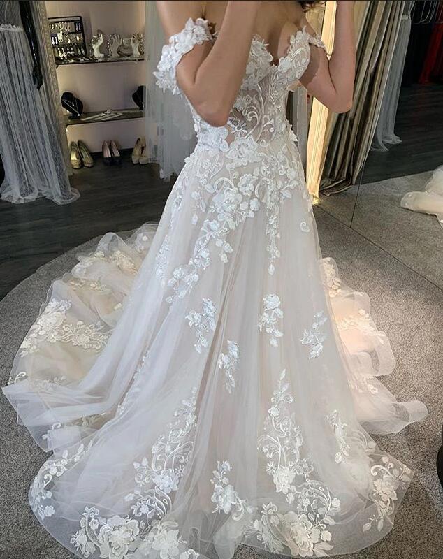 Gorgeous A-line Tulle Off-the-Shoulder Long Wedding Dress With Lace Appliques