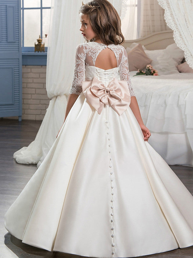 Lace Satin Half Sleeve V Neck Ball Gown Flower Girl Dress With Beading Appliques Crystals & Rhinestones