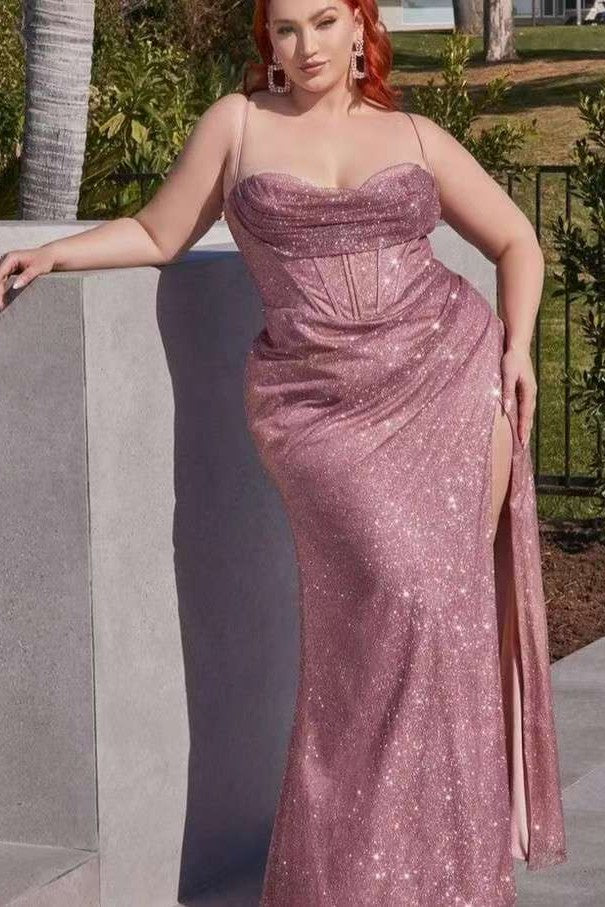 Rose Gold Mermaid Sequins Prom Dress with Spaghetti Straps and Slit