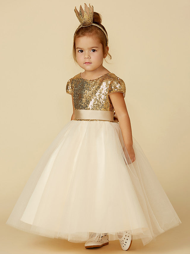 Princess Short Sleeve Jewel Neck Flower Girl Dress with Tulle Sequined Sash & Ribbon Sequin