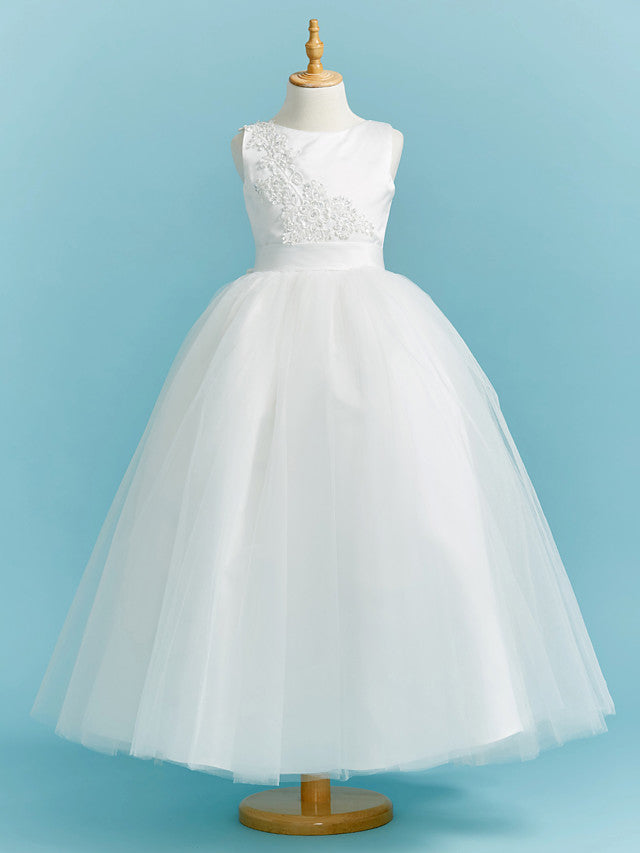 Elegant Ball Gown Crew Neck Floor Length Lace Tulle Flower Girl Dress With Sash Ribbon Pleats Beading