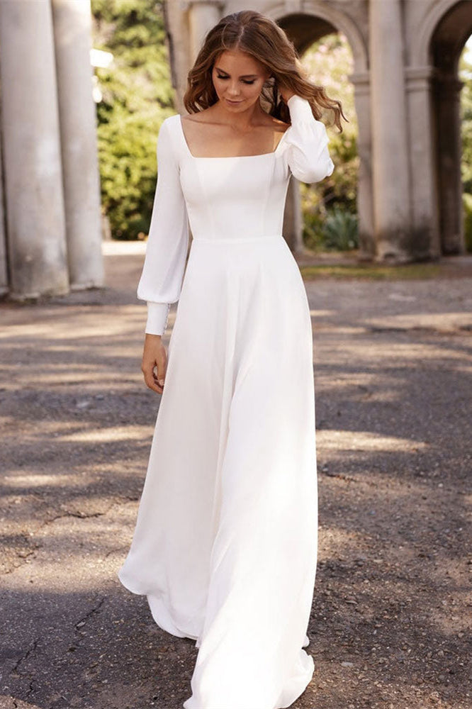 A Line Wedding Dress with Square Long Sleeves