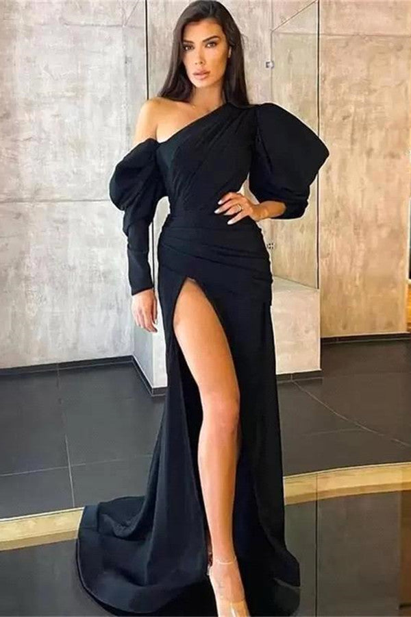 Black Mermaid Evening Dress with Long Sleeves & Split