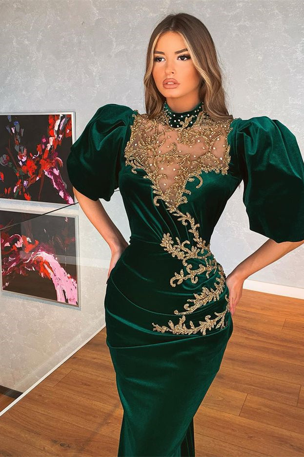 Mermaid Dark Green Bubble Sleeves Prom Dress