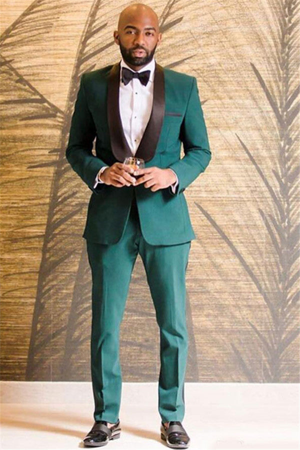 Formal Dark Green One Button Shawl Lapel Wedding Suit