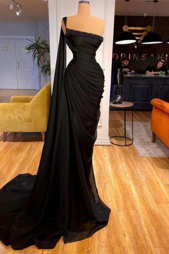 Black One-Shoulder Mermaid Prom Dress with Beads