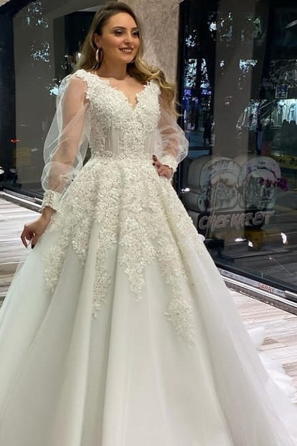 Unique A-Line V-Neck Appliques Lace Tulle Wedding Dress With Puffy Long Sleeves