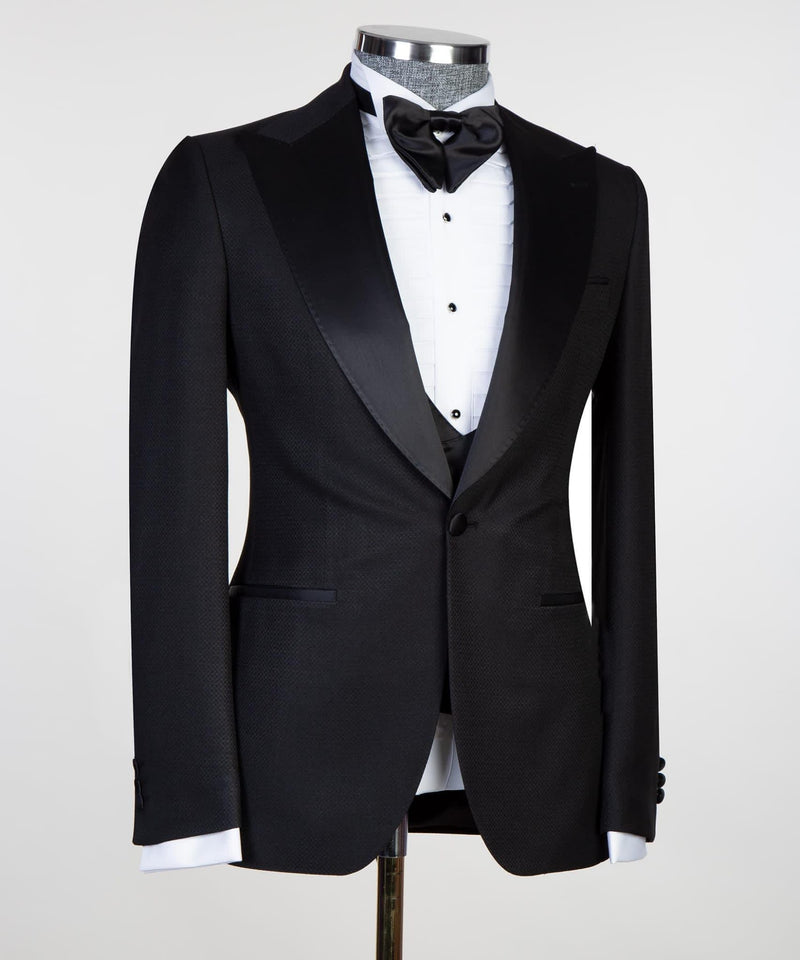 Black Three Pieces Suits With Satin Peaked Lapel - Edmund Hot Sale